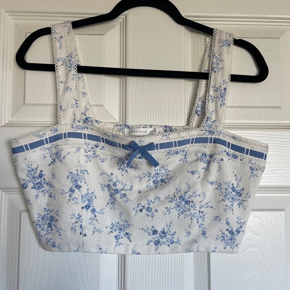 Altar'd State Blue Floral‎ Toile Crop Top Smocked Back Ribbon Lace Trim Coquette